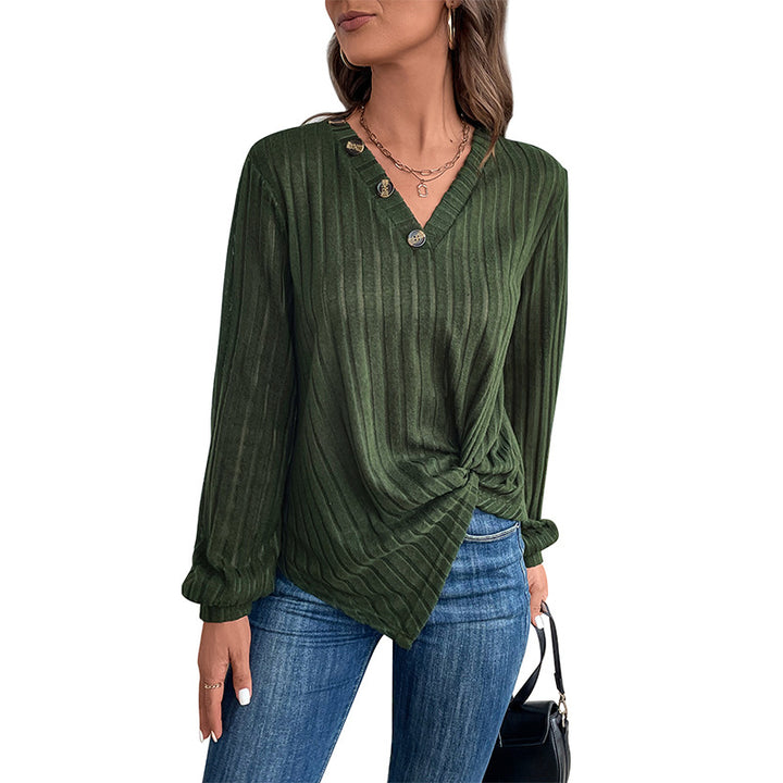 Damen Geripptes V-Ausschnitt Langarmshirt mit Twist-Knoten und Zierknöpfen Echoarchiv