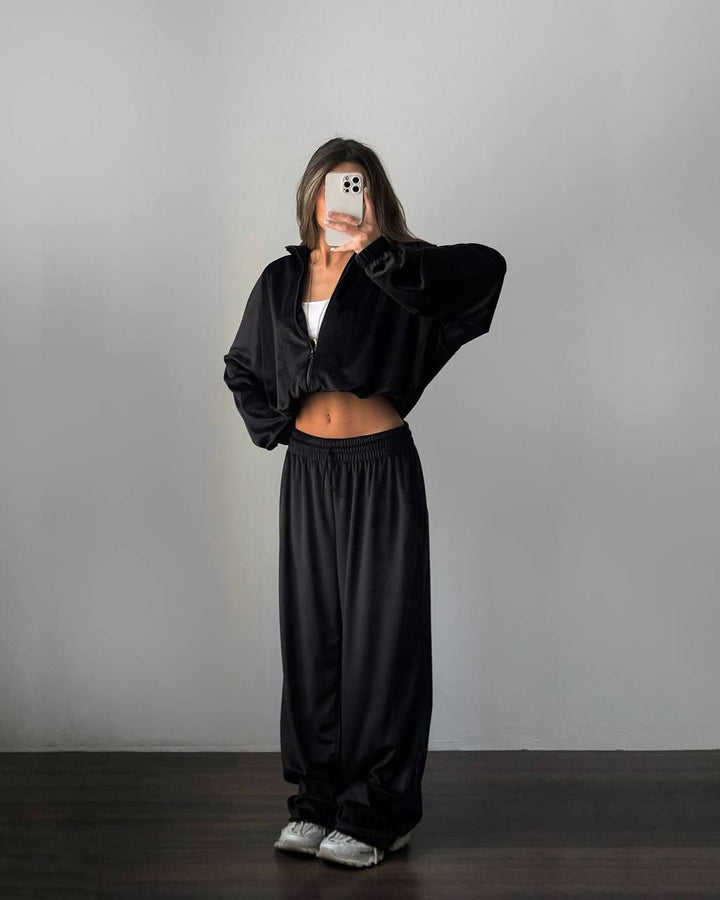 Damen lässiges Lounge-Zweiteiler Set mit Oversize Zipjacke und weitem Bundhose – Élanora