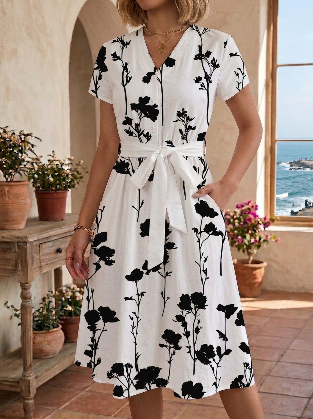 Damen Blühendes Midikleid mit taillierbarem Gürtel und kunstvollem Print Echo Archiv