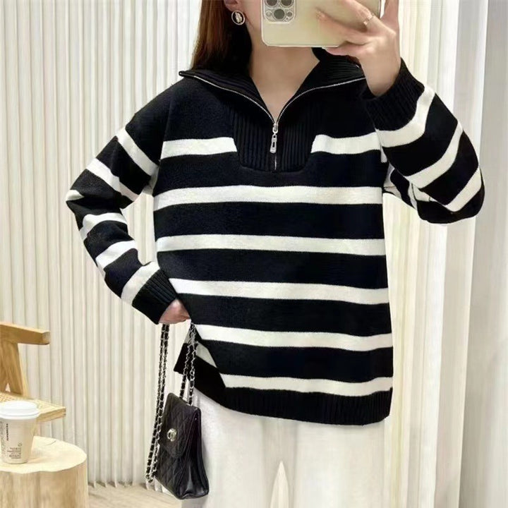Damen Gestreifter Halb-Reißverschluss Strickpullover mit Rippenkragen – Mavelle