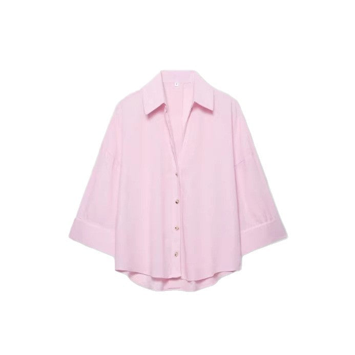 Damen Leichte Oversize Leinenoptik Bluse mit Dreiviertelärmeln und durchgehender Knopfleiste Echoarchiv