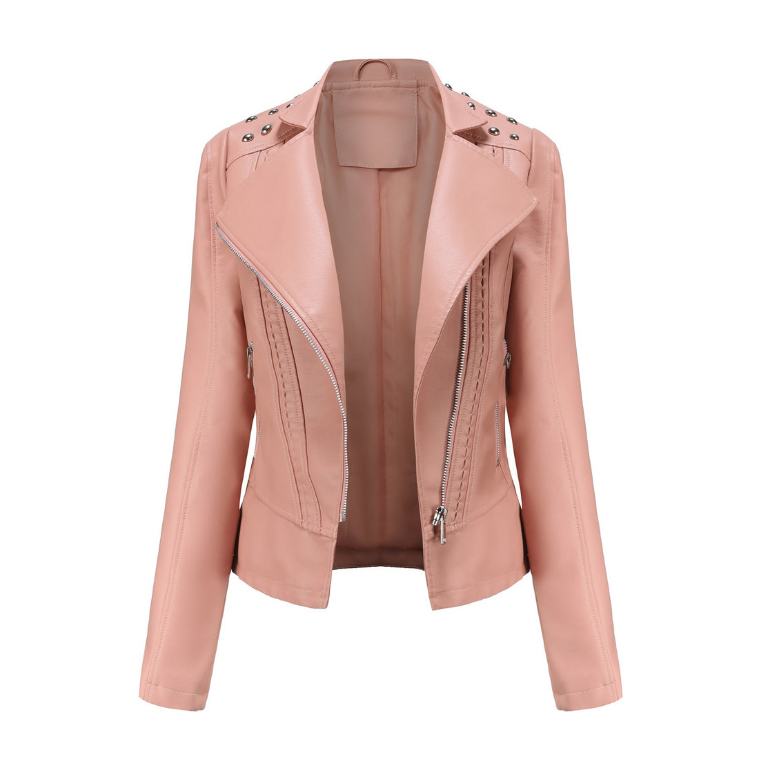 Damen Bikerjacke aus Kunstleder mit Nietenbesatz und asymmetrischem Reißverschluss – Velloura