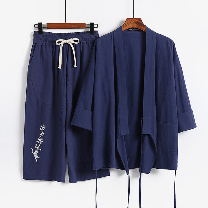 Unisex Leichtes Kimono-Loungewear-Set aus Baumwoll-Leinen mit bestickter Haremshose und Bindegürtel Echoarchiv