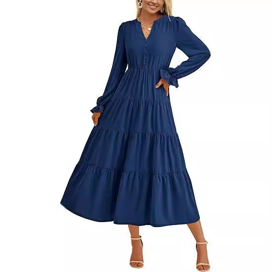 Damen Stufiges Midikleid mit V-Ausschnitt, geraffter Taillennaht und Rüschenmanschetten Echo Archiv