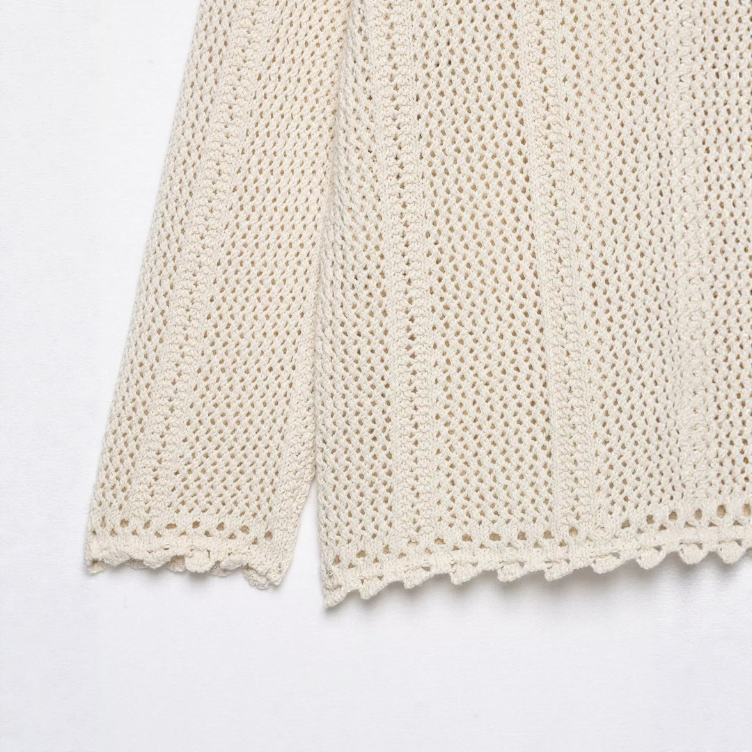 Damen Gehäkelte Kurzstrickjacke mit Scallop-Kante und Ajour‑Lochmuster Echoarchiv