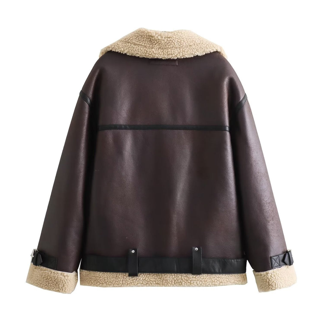 Damen Fliegerjacke im Bikerstil mit Teddyfutter, Kunstlederbesatz und Taillengürtel Echo Archiv
