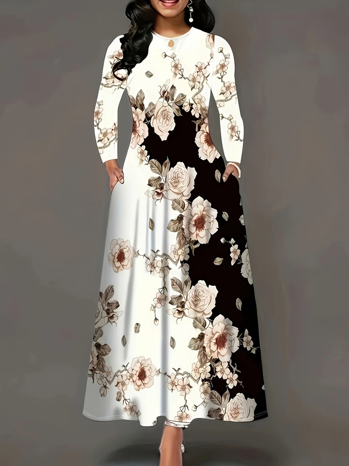 Damen Maxikleid mit floralem Allover-Print, A‑Linie, Langarm und Schlitzdetail – Valéora