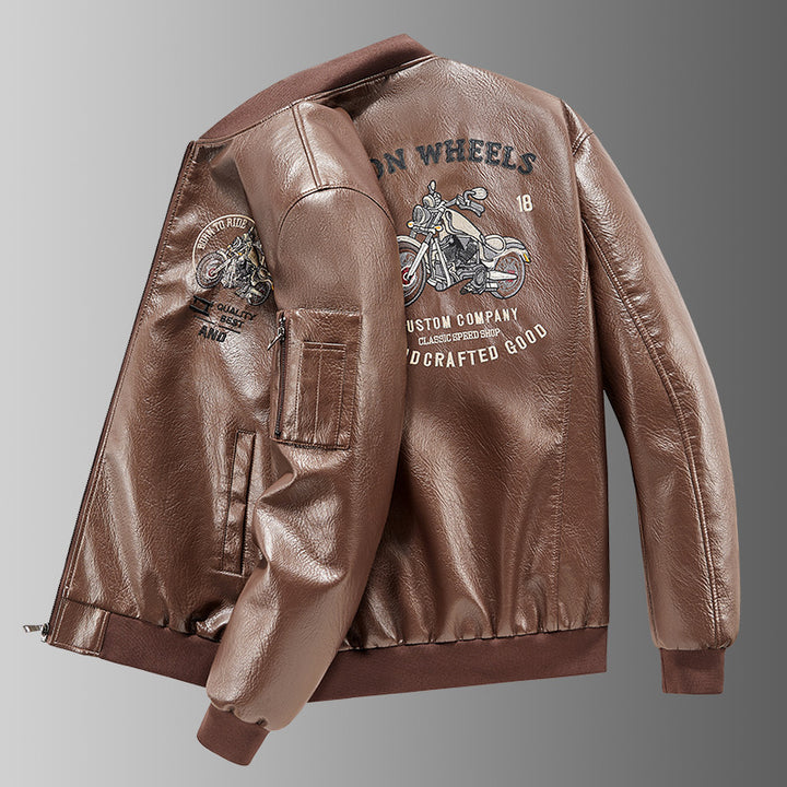 Men's motorcycle graphic faux-leather varsity bomber with embroidered back panel and sleeve utility pocket – Brevano