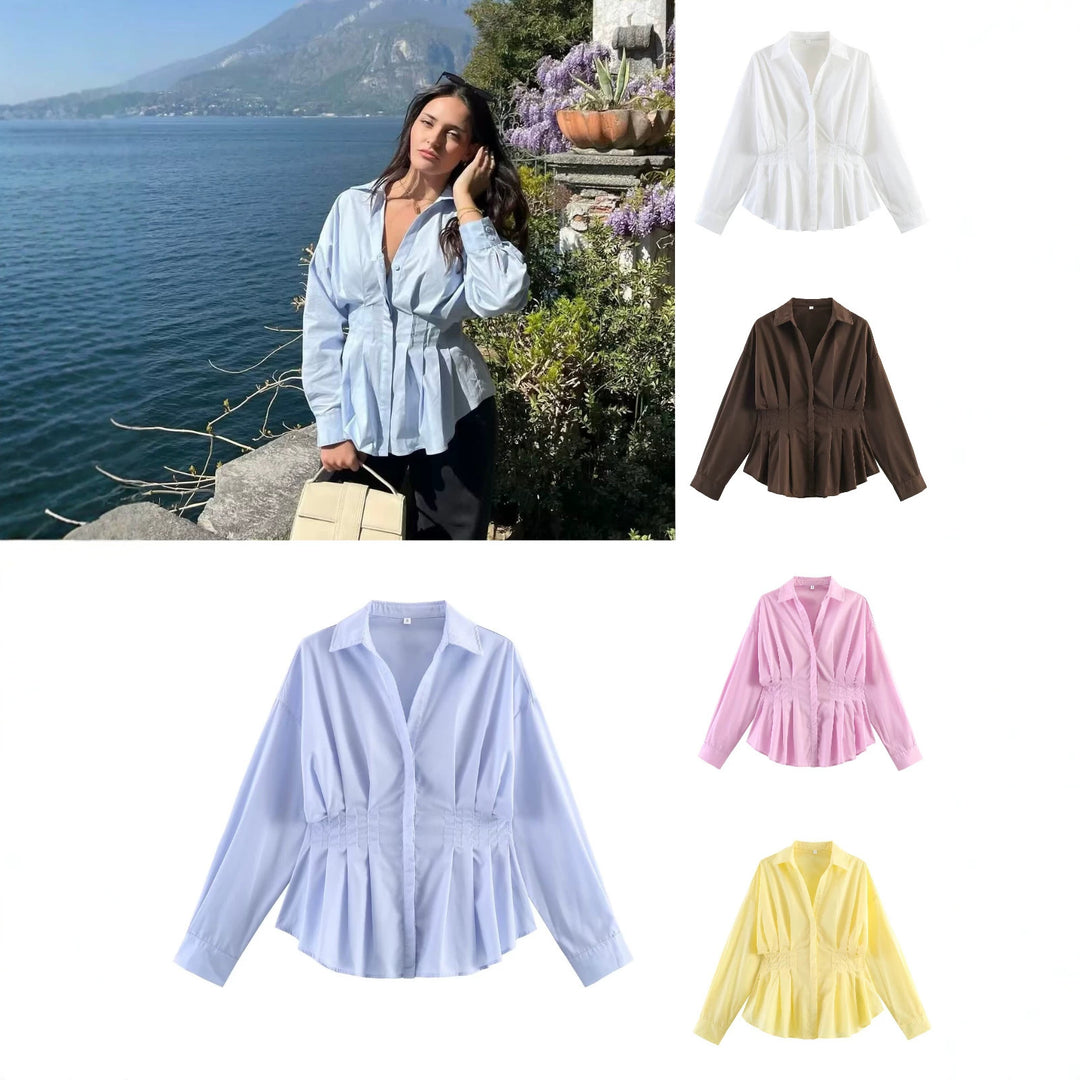 Damen Taillierte Blusenshirt-Jacke mit Kellerfalten und verdeckter Knopfleiste Echo Archiv