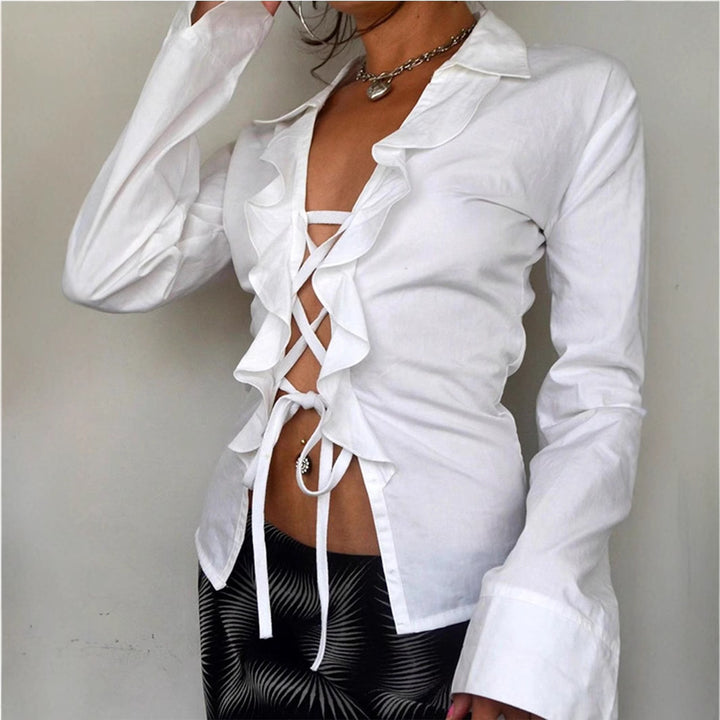 Damen Bluse mit voluminösem Rüschendesign und taillierbarem Schnitt Echo Archiv