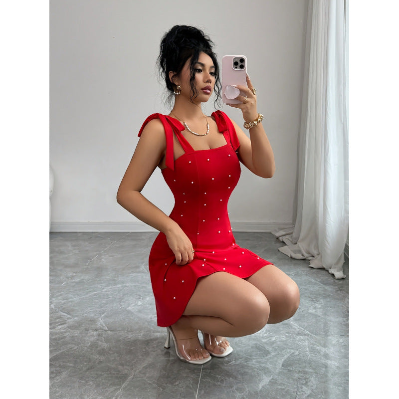Damen Minikleid mit dekorativen Trägern und glamourösen Perlendetails Echo Archiv