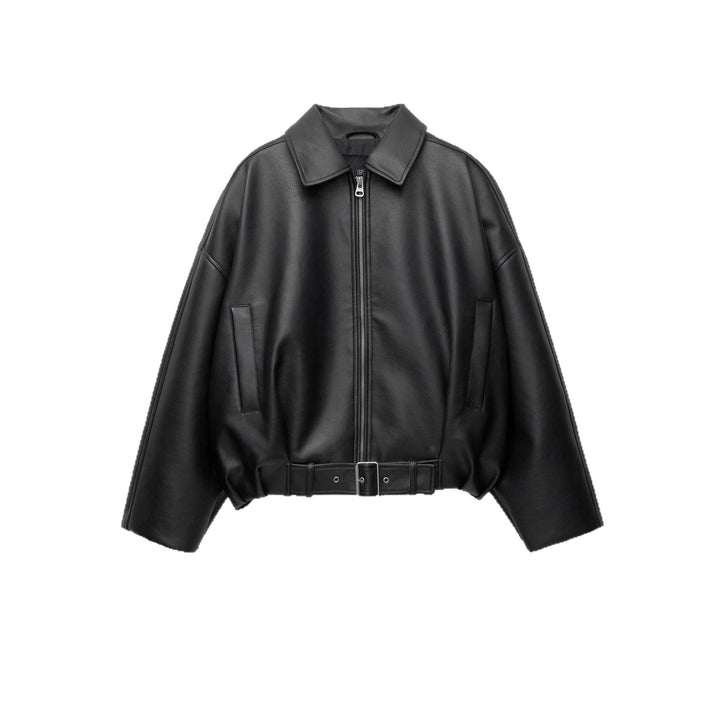 Damen Modische Kunstlederjacke mit auffälligem Kragen und Taillengürtel