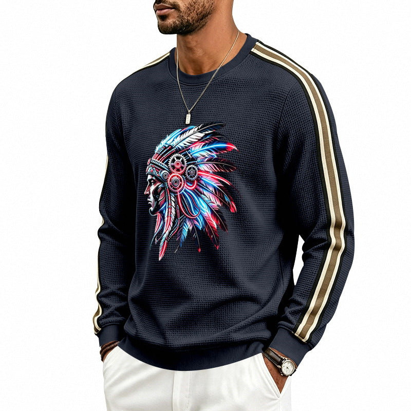 Herren Sweatshirt mit Federkopfschmuck-Print, Waffelstruktur und kontrastierenden Schulterstreifen – Norvane