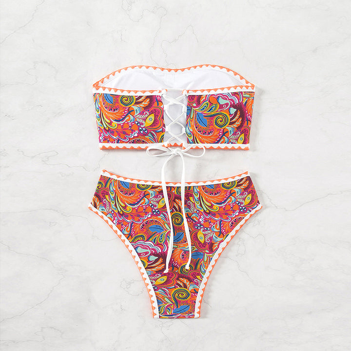 Damen Bandeau-Bikini mit buntem Psychedelic-Design und eleganten Rüschen Echo Archiv