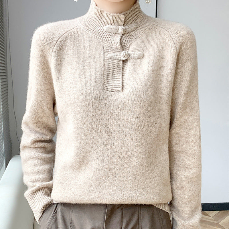 Damen Kaschmir‑Optik Mockneckpullover mit dekorativer KnEchoarchivelknopfblende Echoarchiv