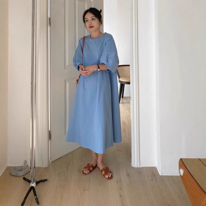 Damen Leichtes A-Linien Midikleid aus Baumwoll-Popeline mit ballonförmigen Ellenbogenärmeln – Élara
