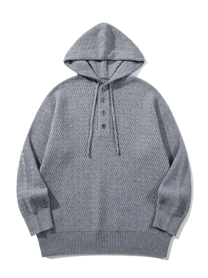 Unisex Strukturierter Kapuzen‑Strickpullover mit Henley‑Knopfleiste Echoarchiv