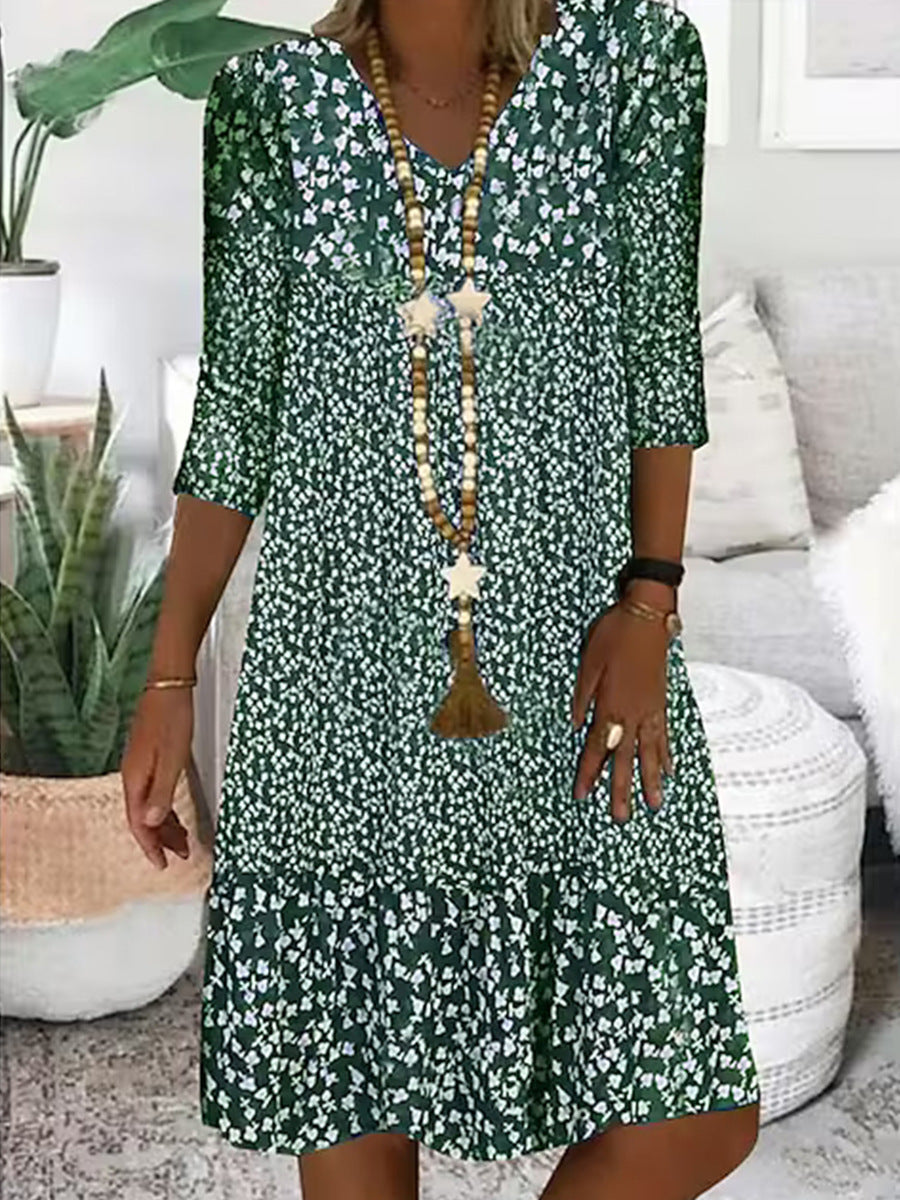 Damen Lockeres Midi-Kleid im Boho-Stil mit V-Ausschnitt, Dreiviertelärmeln und gestuftem Saum – Élara