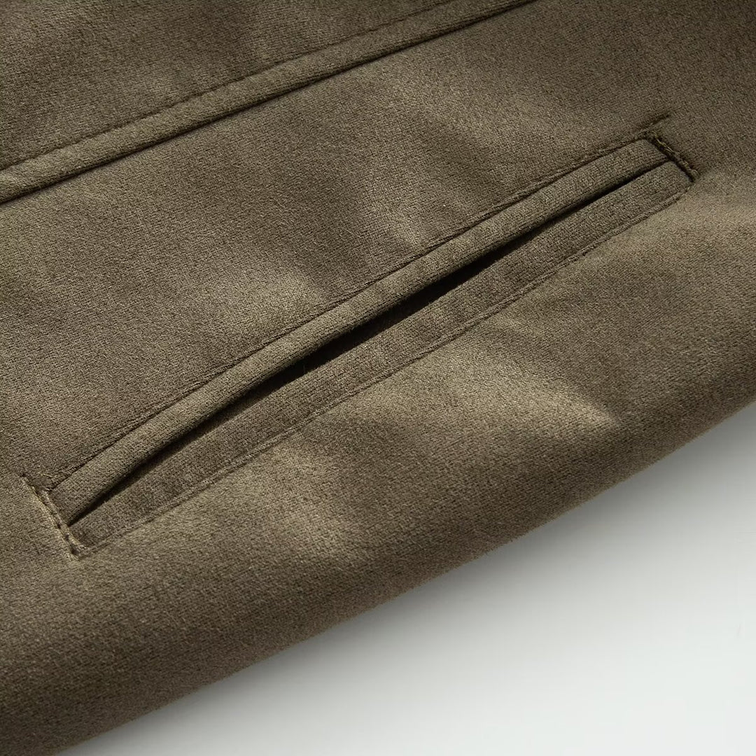 Damen Taillierter langer Mantel aus Veloursimitat mit Faux‑Fellkragen und Bindegürtel Echoarchiv