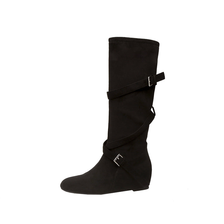 Damen Kniehohe Velourslederstiefel mit Wickelriemen und flachem Keilabsatz Echo Archiv