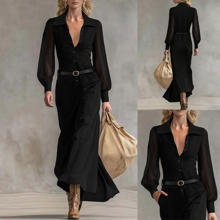 Damen Schlankes Maxi‑Hemdkleid mit transparenten Ballonärmeln und taillierter Silhouette – Valéora