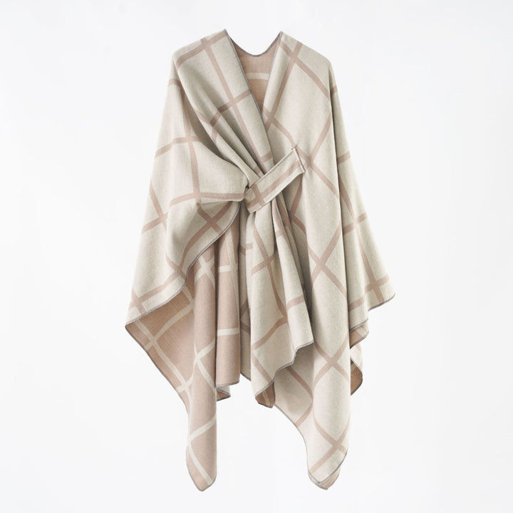 Damen Oversize Wollmix Poncho mit Gürtel und Karomuster Echo Archiv