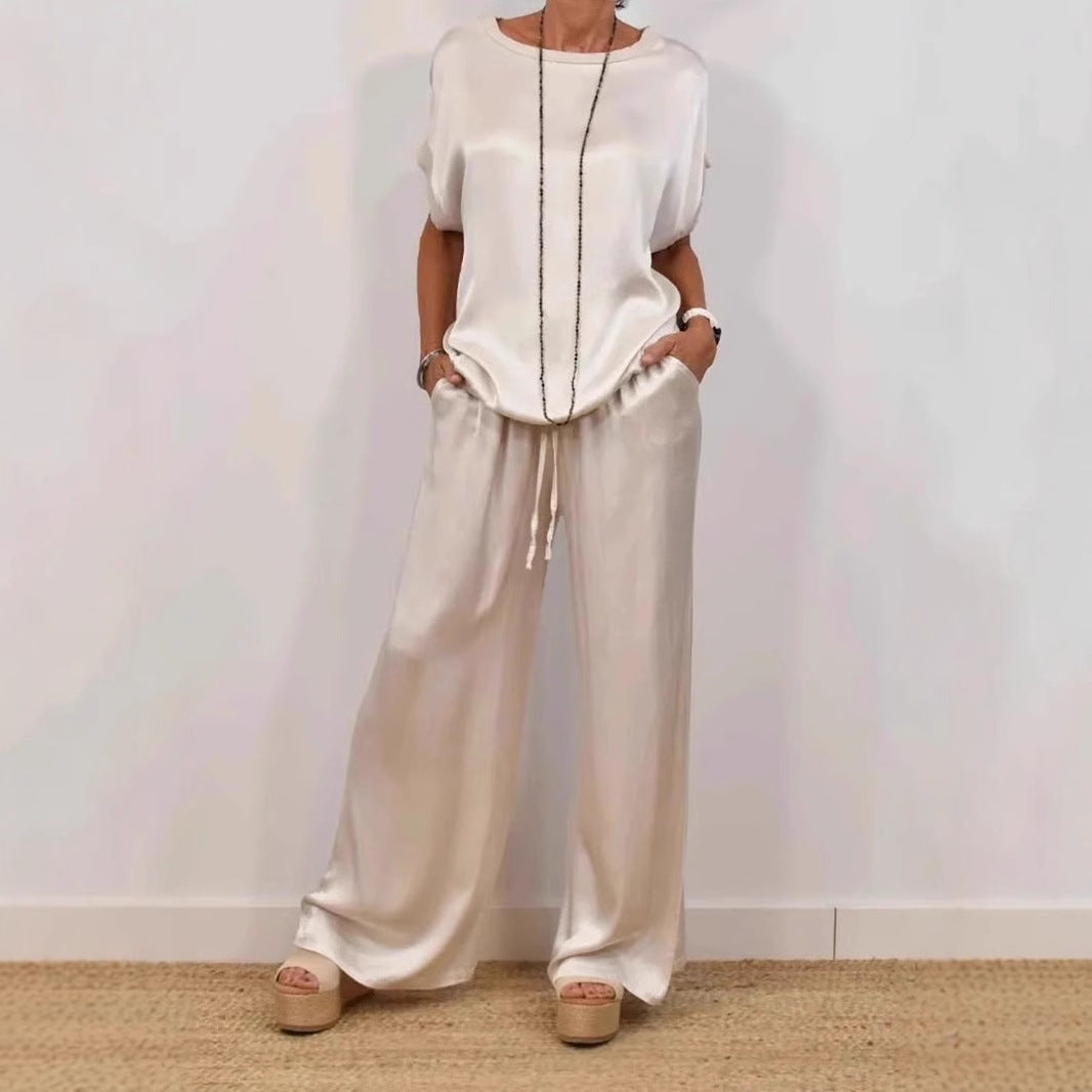 Damen Elegantes Satin Lounge-Set mit weitem Schnitt und lässigem Oberteil Echoarchiv