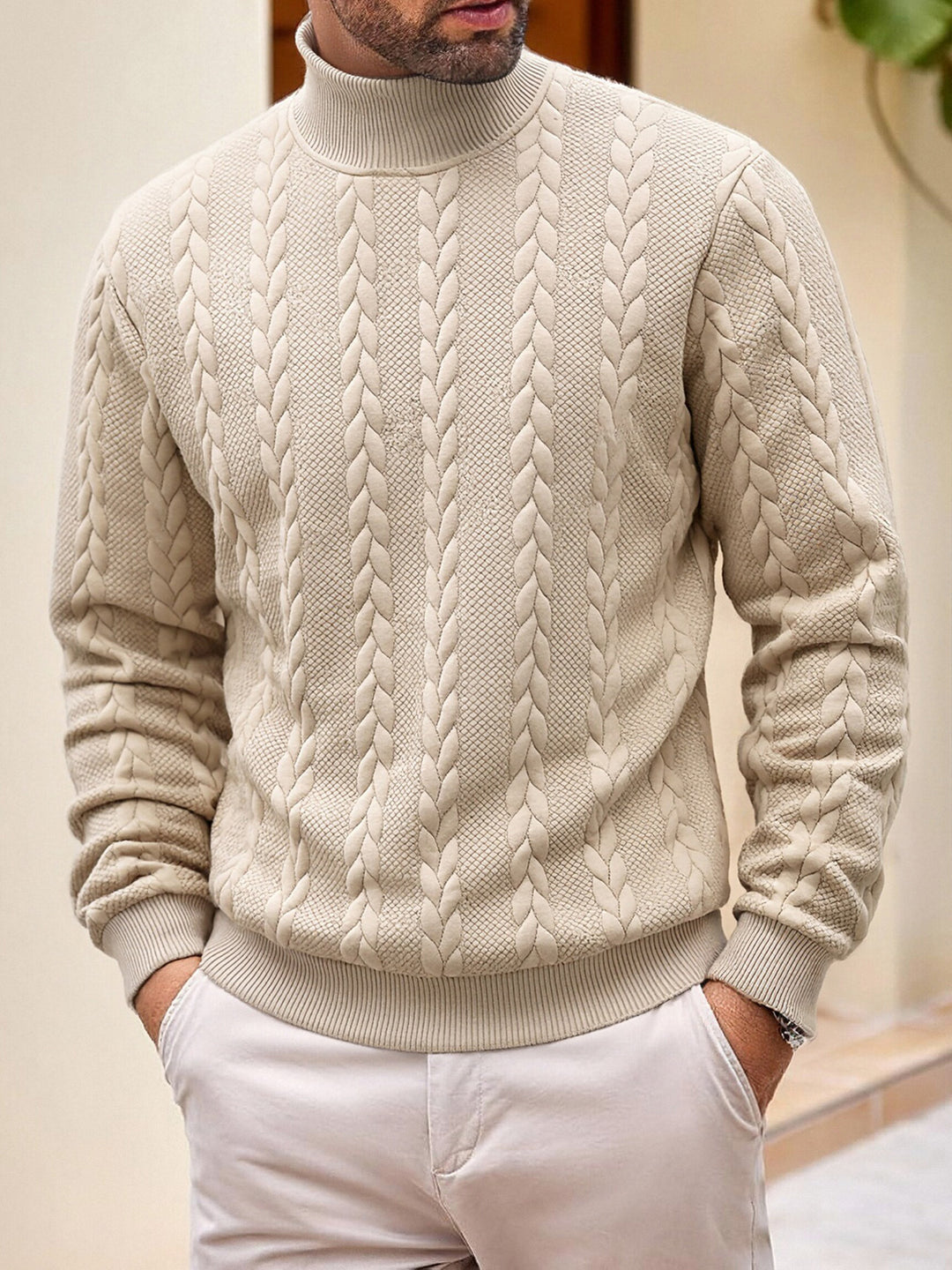 Herren grobgestrickter Zopfstrickpullover mit halbem Stehkragen und elastischen Rippbündchen – Norvane