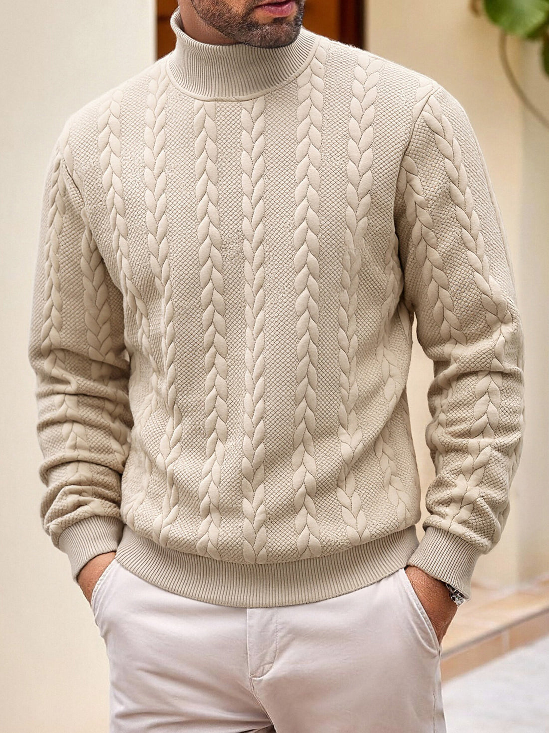 Herren grobgestrickter Zopfstrickpullover mit halbem Stehkragen und elastischen Rippbündchen – Norvane