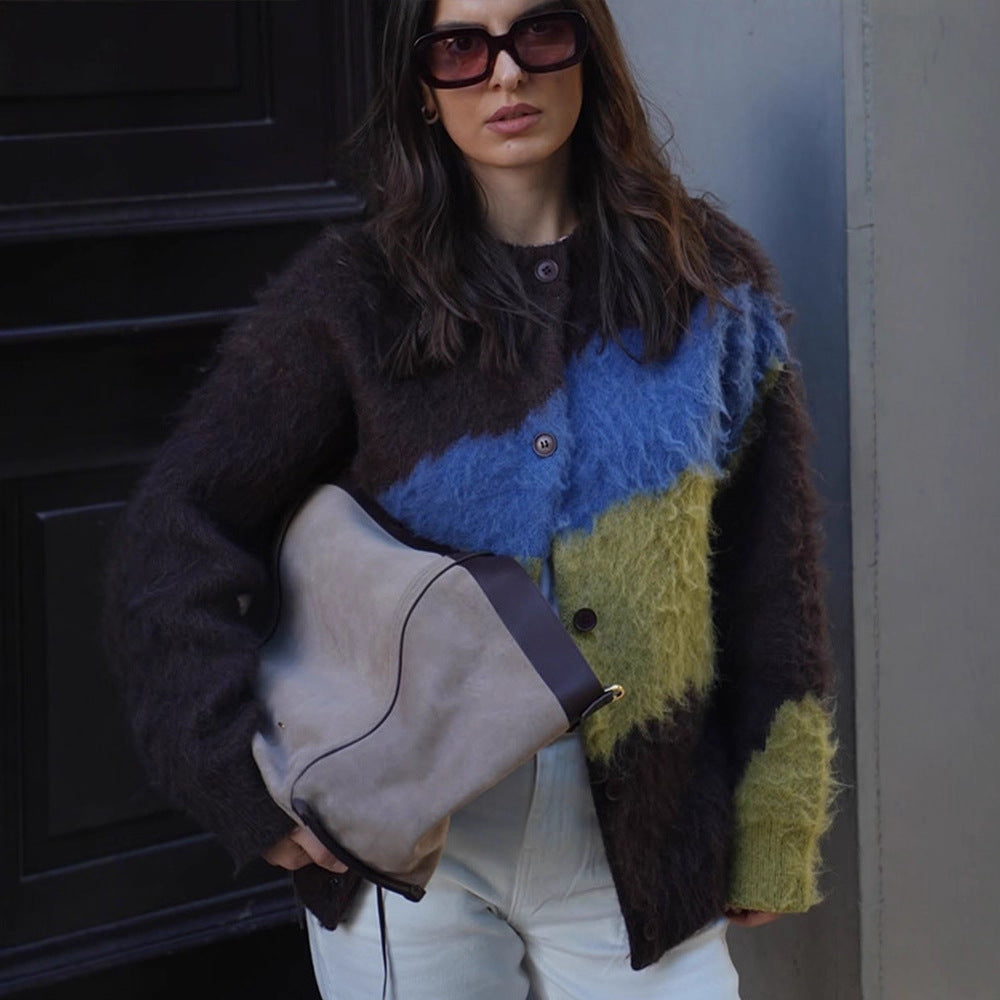 Damen Oversize Mohair-Blend Cardigan mit abstraktem Farbblock und Knopfleiste Echoarchiv
