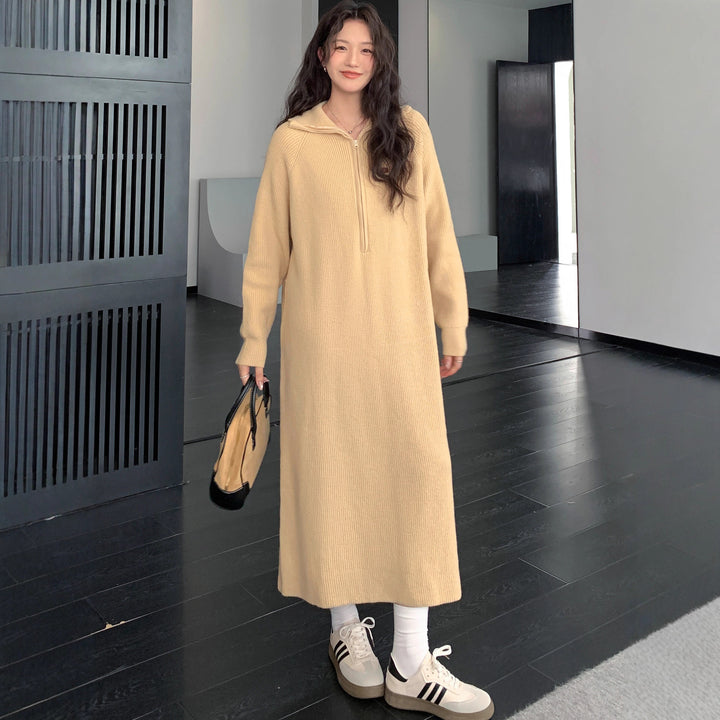 Damen Geripptes Kapuzen-Strickmaxikleid mit halbem Reißverschluss und weitem Fall Echoarchiv