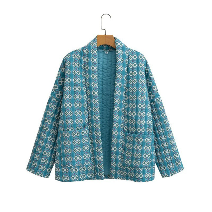 Damen Gemusterte gesteppte Kimono-Jacke mit aufgesetzten Taschen Echo Archiv