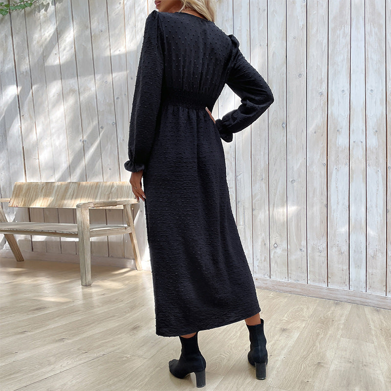Damen Midikleid mit strukturierter Tupfen-Optik, V-Ausschnitt und tailliertem Empire-Schnitt Echoarchiv