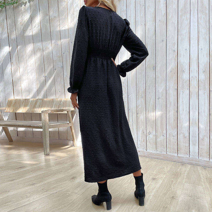 Damen Midikleid mit strukturierter Tupfen-Optik, V-Ausschnitt und tailliertem Empire-Schnitt Echoarchiv