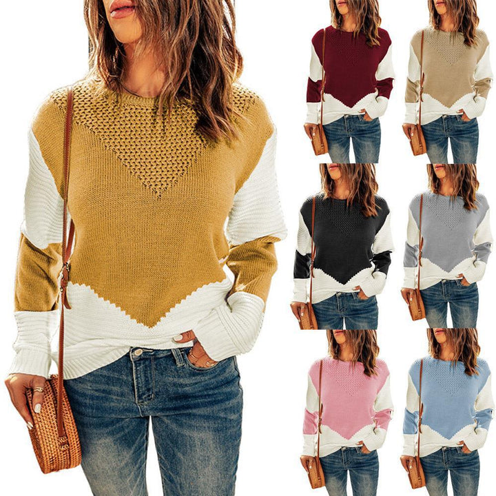 Damen Farbblock-Strickpullover mit strukturiertem Yoke und gerippten Ärmeln Echoarchiv