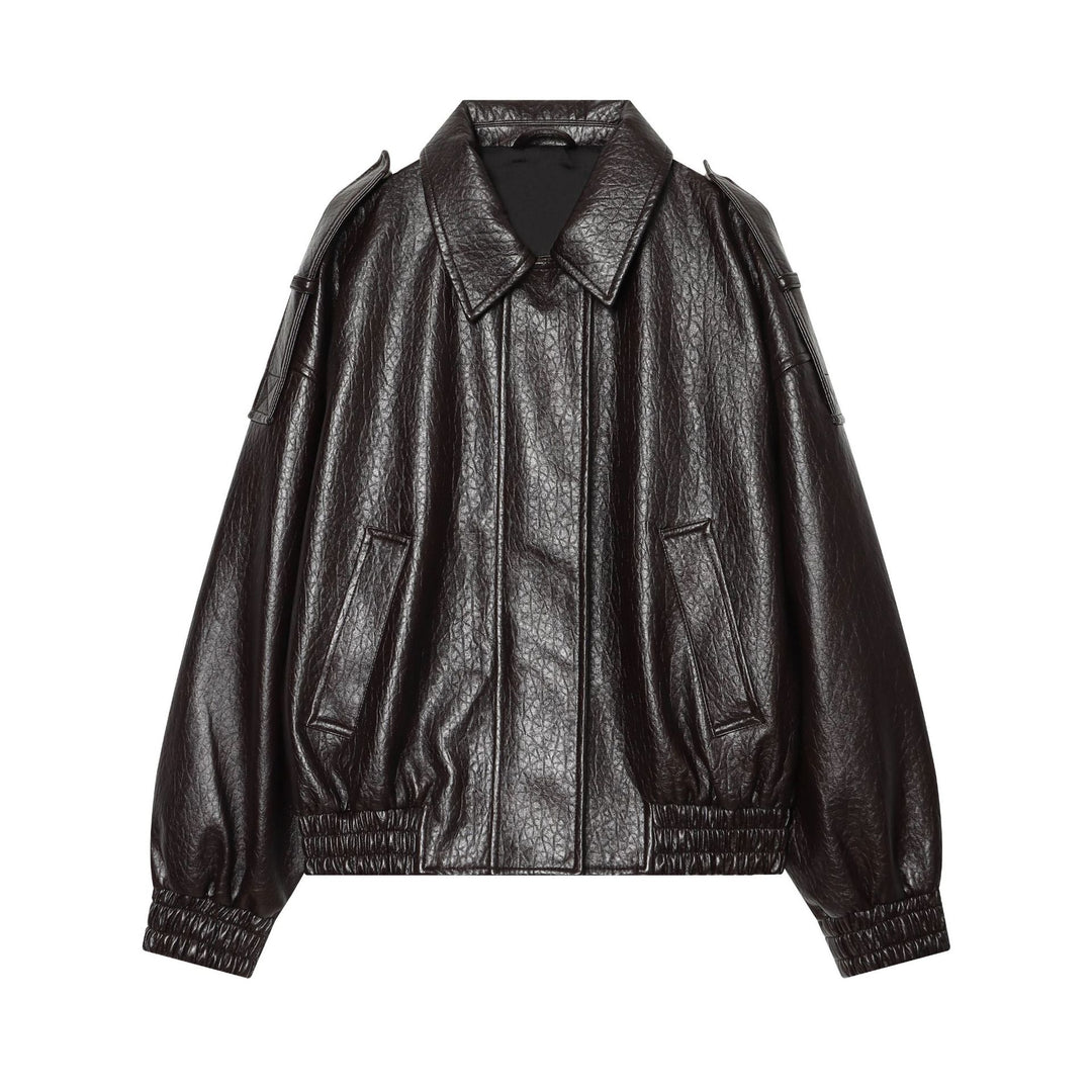 Damen Kurzes glänzendes Biker-Blouson aus veganer Lederoptik mit Ballonärmeln Echoarchiv