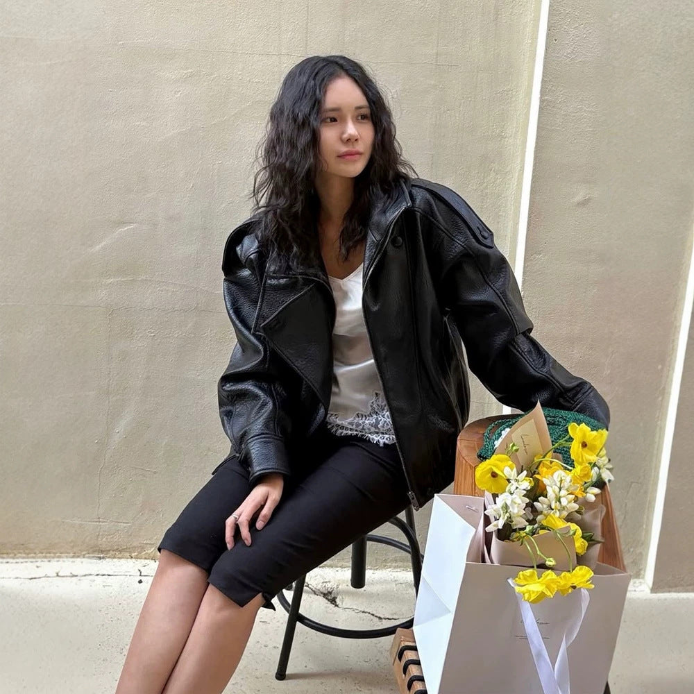Damen Boxy-Lederimitat-Blouson mit strukturierter Narbung, doppelreihiger Knopfleiste & elastischem Saum Echoarchiv