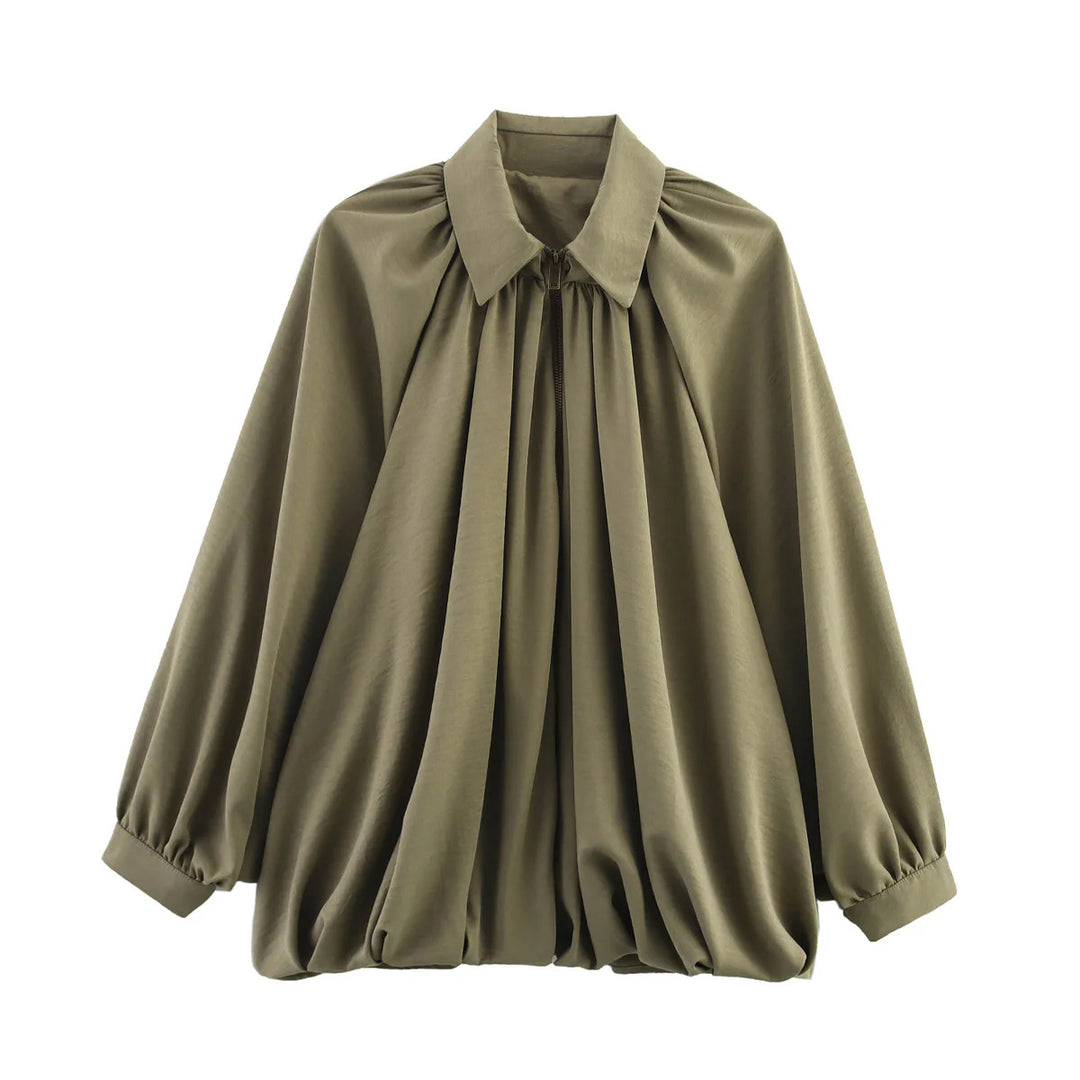 Damen nan oversize geraffte Bluse mit Ballonärmeln und Frontreißverschluss Echo Archiv