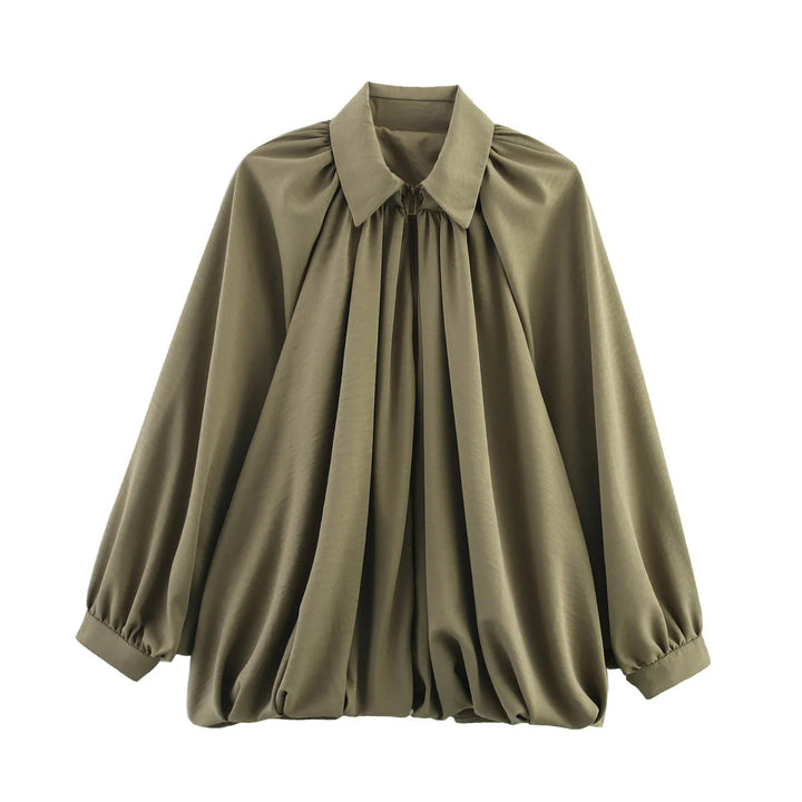 Damen nan oversize geraffte Bluse mit Ballonärmeln und Frontreißverschluss Echo Archiv