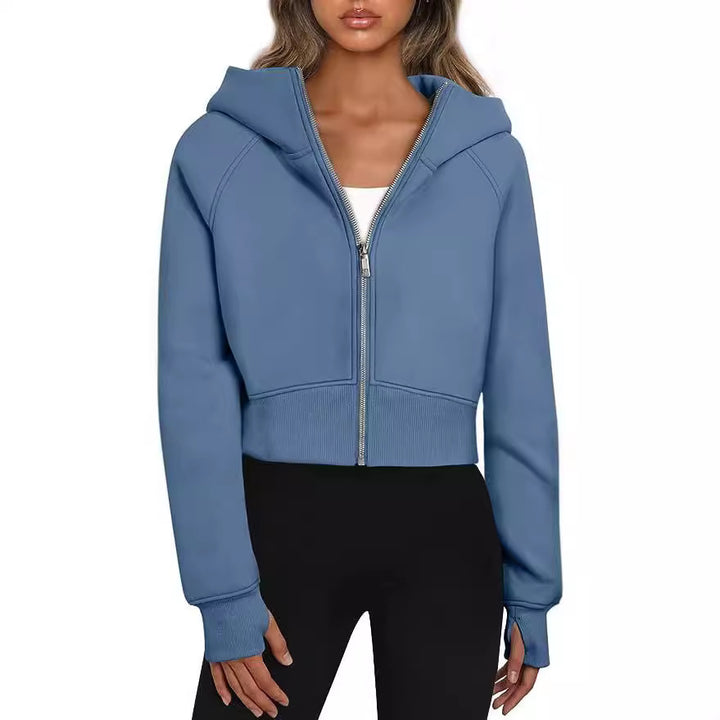 Damen Kurz geschnittener Performance-Kapuzenpullover mit durchgehendem Reißverschluss und Daumenlochbündchen Echoarchiv