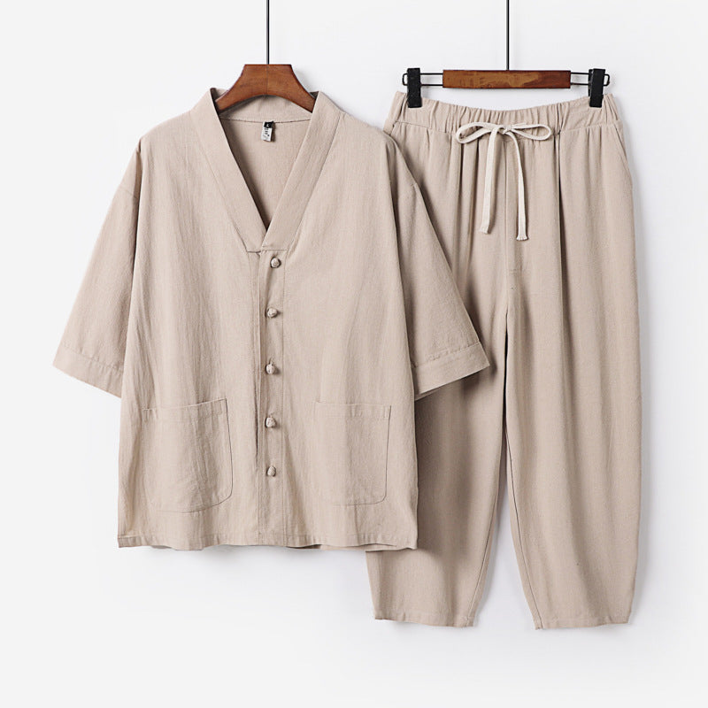 Unisex Leichtes Kimono-Lounge-Set aus Baumwoll-Leinen mit Kurzarmjacke und Kordelbund-Hose Echoarchiv