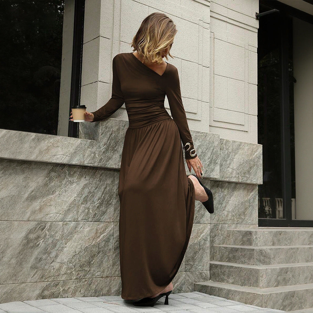 Damen asymmetrisches Maxikleid mit langem Ärmel und geraffter Taillenpartie – Valéora
