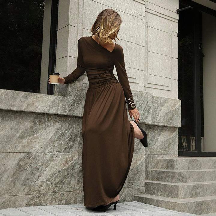 Damen asymmetrisches Maxikleid mit langem Ärmel und geraffter Taillenpartie – Valéora