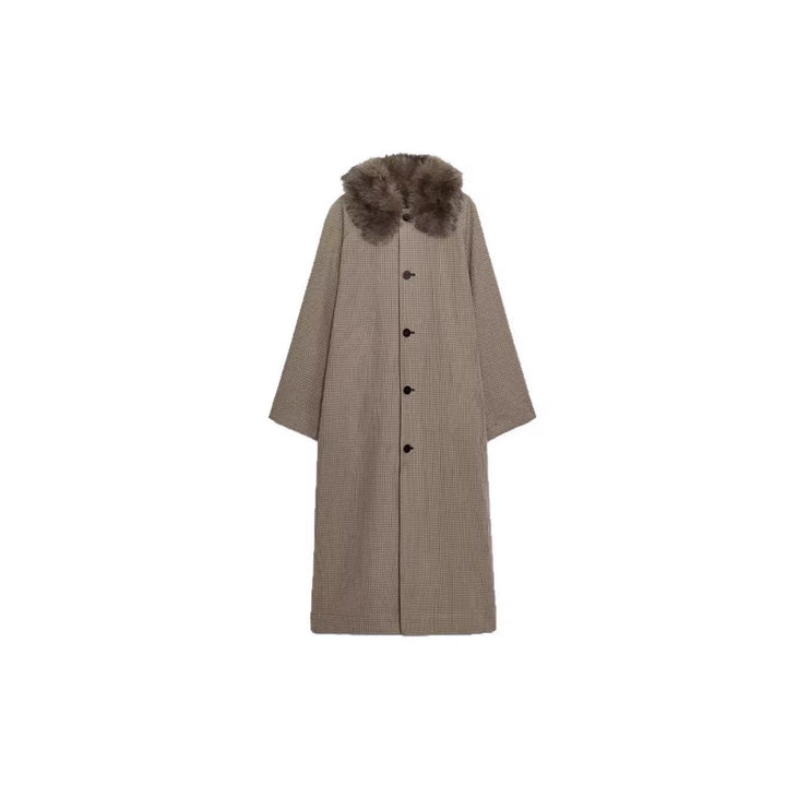 Damen langer Oversize Wollmantel mit abnehmbarem Kunstfellkragen und seitlichen Eingrifftaschen Echo Archiv