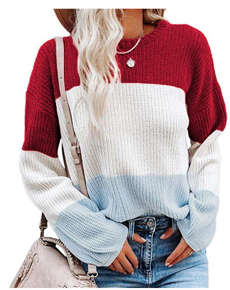 Damen Oversize Colorblock Strickpullover mit Ballonärmeln Echoarchiv