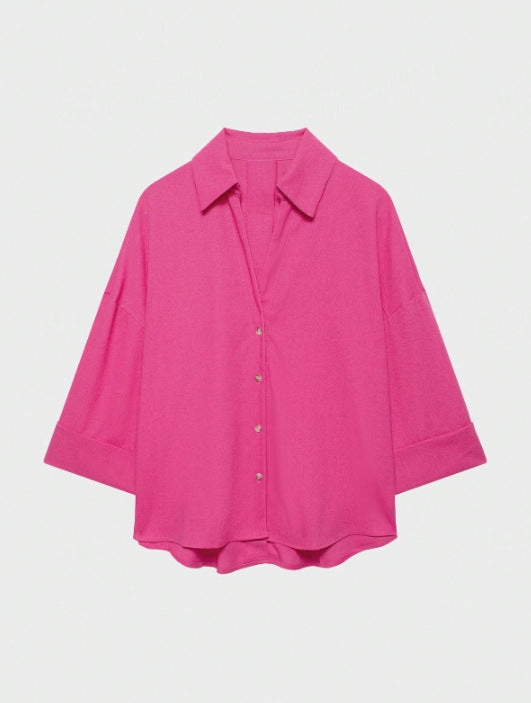 Damen Leichte Oversize Leinenoptik Bluse mit Dreiviertelärmeln und durchgehender Knopfleiste Echoarchiv