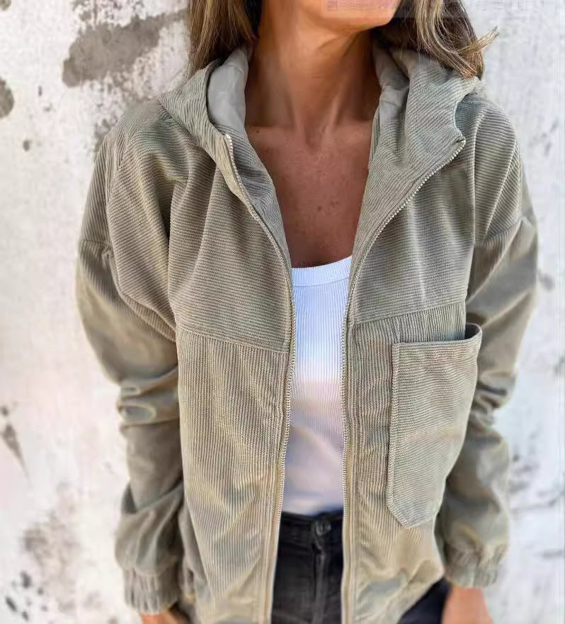 Damen nan Feincord-Übergangsjacke mit Kapuze, Reißverschluss, elastischen Bündchen und seitlichen Eingrifftaschen Echo Archiv