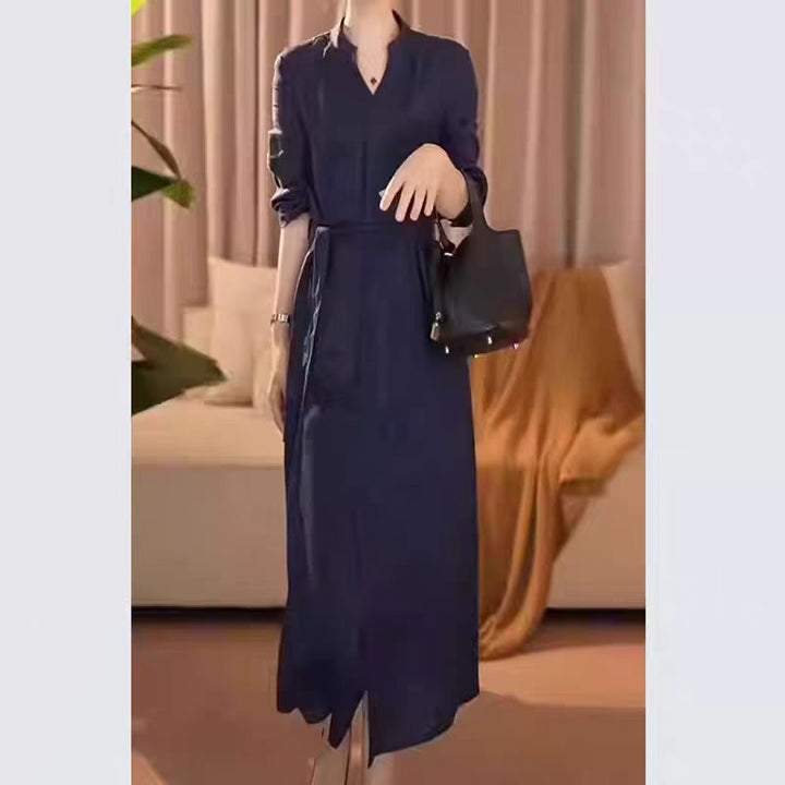 Damen Langes Hemdkleid mit Wickeloptik, Kordel-Taillengürtel und Beinschlitz – Valéora