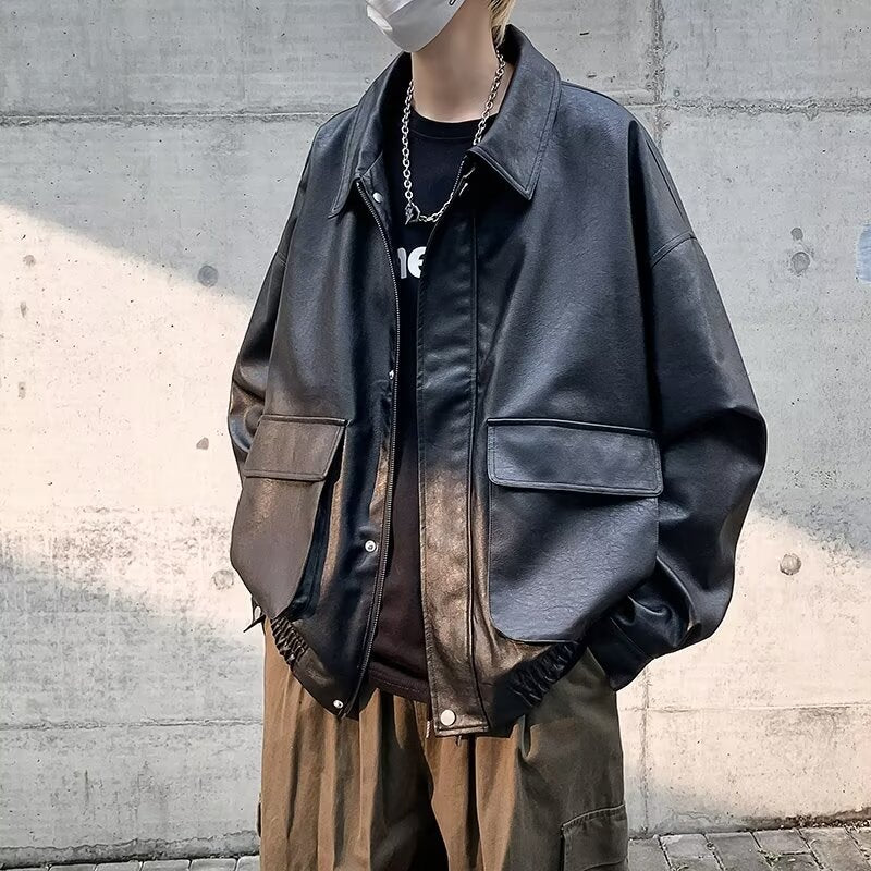 Herren Boxy Overshirt aus Lederoptik mit Hemdkragen und aufgesetzten Brusttaschen Echoarchiv