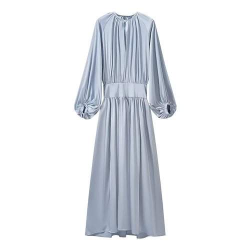 Damen fließendes Maxikleid mit gerafftem Oberteil, breitem Taillenbund und voluminösen Ballonärmeln – Valéora